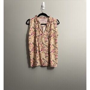 LOFT Women’s Soft Feminine Pink Floral Pintuck Sleeveless Tie-Neck Blouse Medium